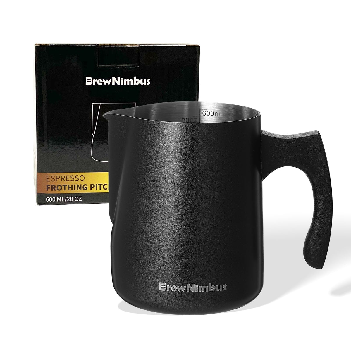Milk Frothing Pitcher 20oz/600ml – Stainless Steel Steaming Pitcher with Clear Scale Milk Frother Cup for Cappuccino & Latte Art Espresso Machine Accessories Barista Tool for Home & Cafe Black