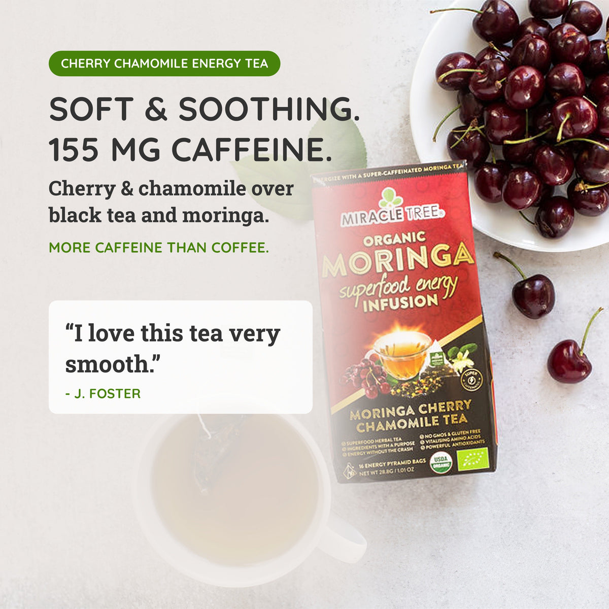 Organic Moringa Energy Tea by Miracle Tree featuring cherry and chamomile, a natural coffee alternative with vibrant tea leaves and herbs.
