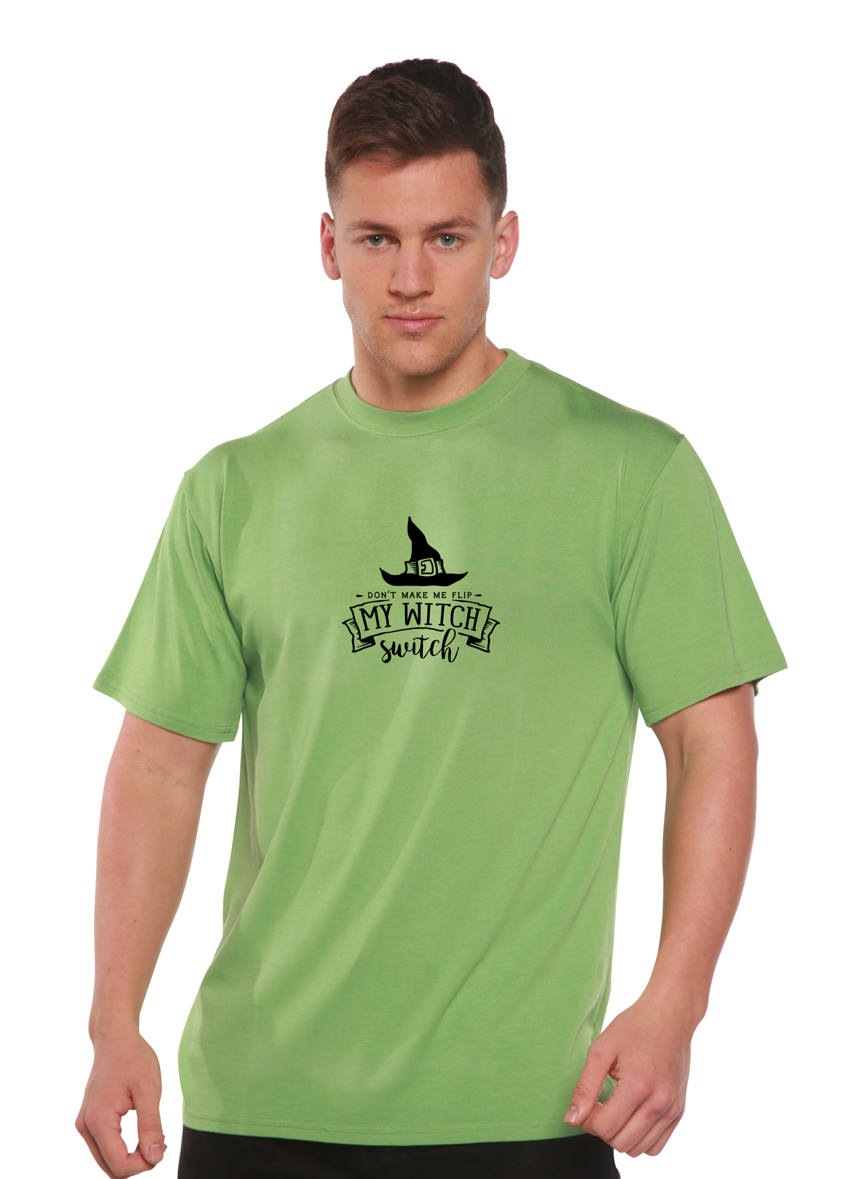 Unisex bamboo viscose and organic cotton graphic T-shirt featuring a witch design, from Spun Bamboo, short sleeve, men's printed t-shirt.
