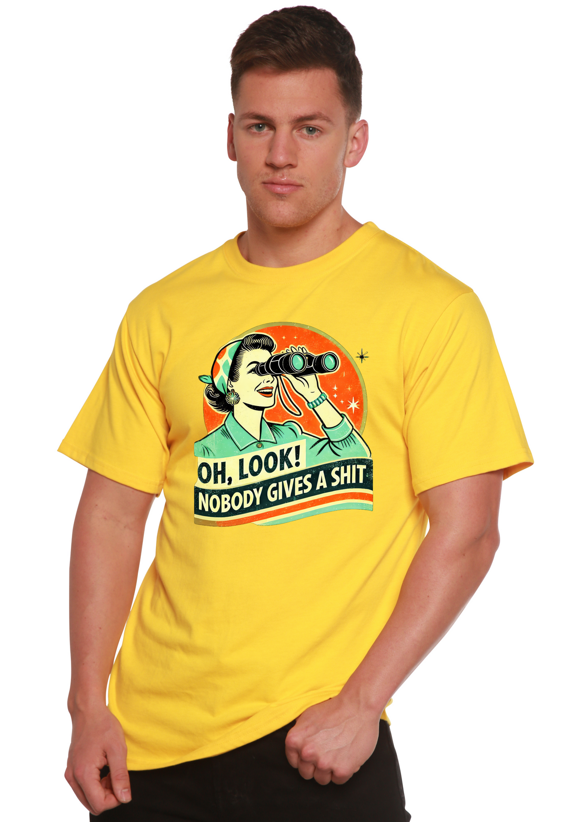 Men's humorous retro bamboo cotton graphic T-shirt by Spun Bamboo featuring a vintage-inspired design and unisex fit.