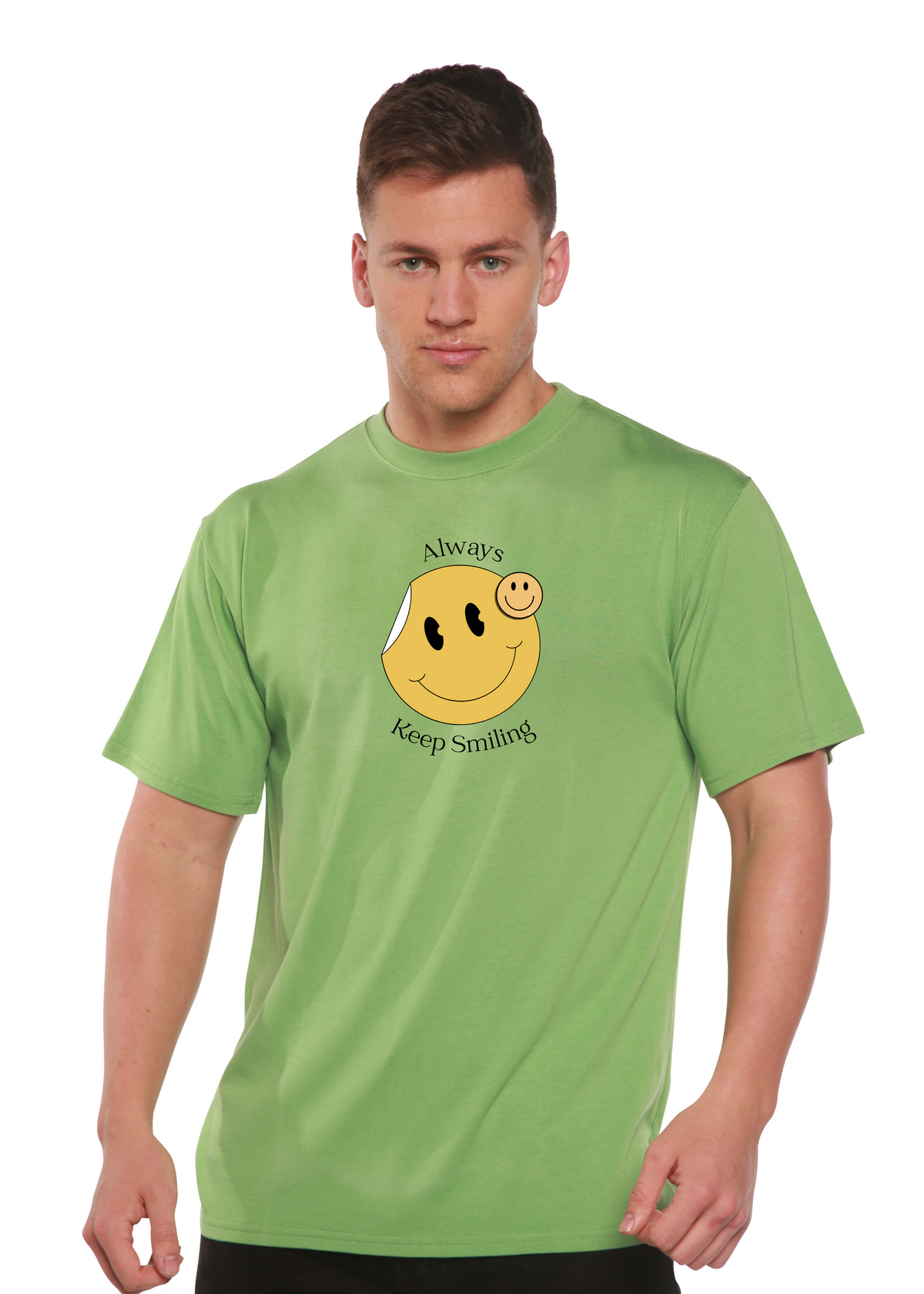 Men's printed graphic T-shirt by Spun Bamboo featuring a smiling design in bamboo viscose and organic cotton fabric.