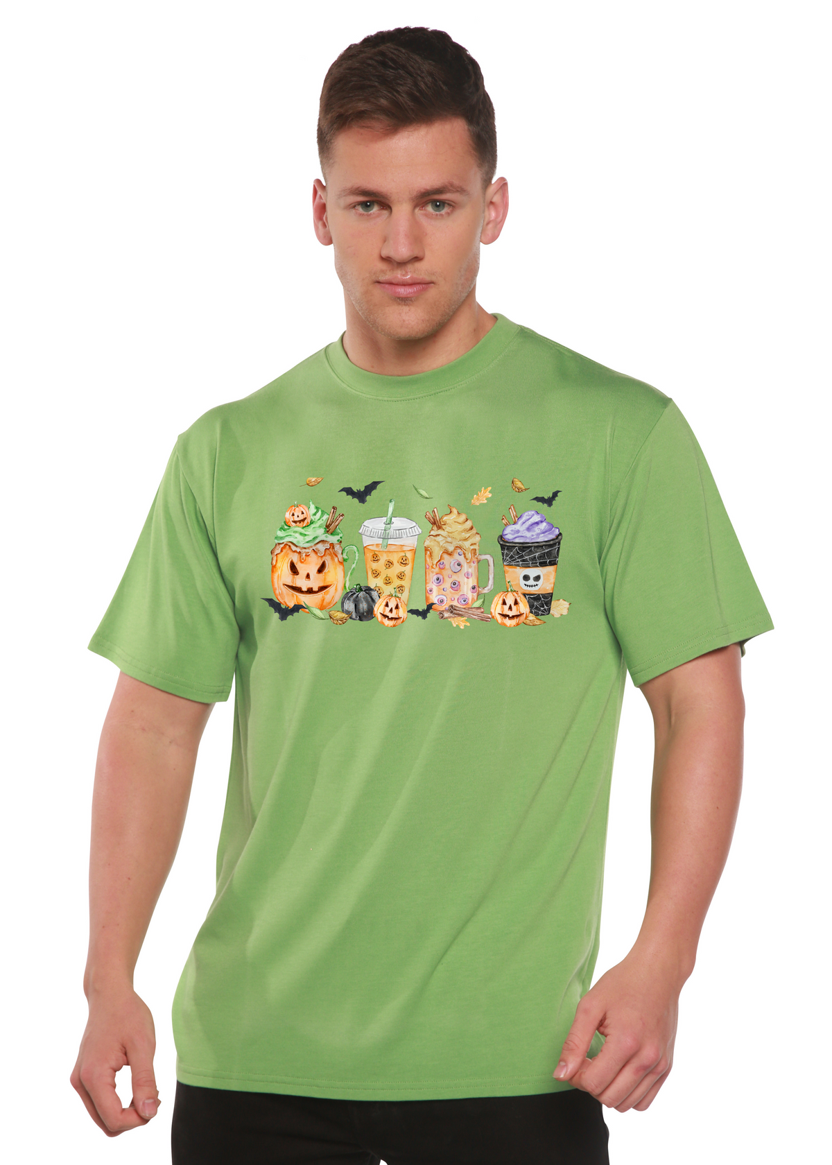 Happy Halloween men's bamboo viscose organic cotton graphic T-shirt with Halloween-themed print, by Spun Bamboo.