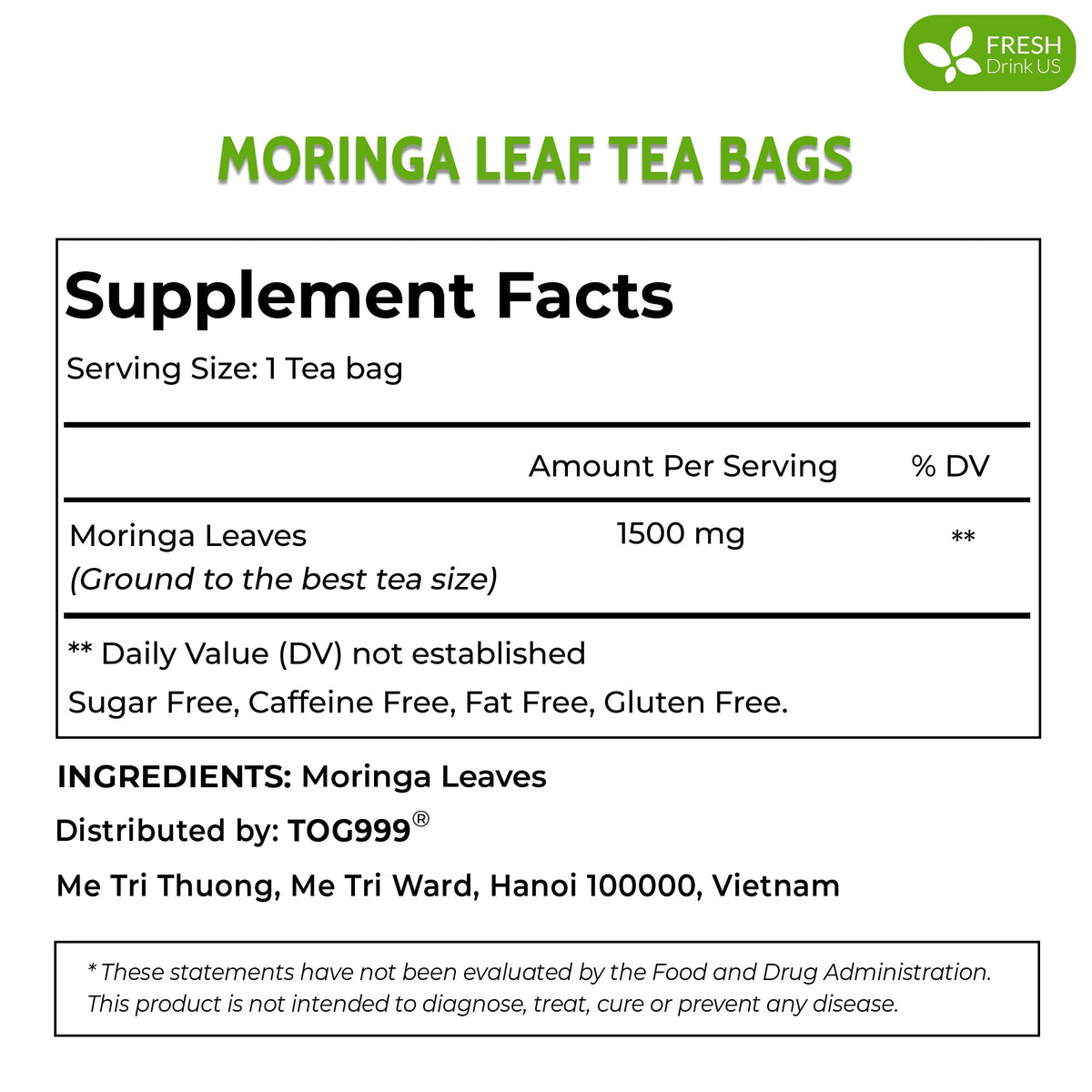 Moringa Leaf Tea Bags, 100% Natural & Pure from Moringa Leaves. Loose Leaf Moringa Herbal Tea. Moringa Leaf Tea. No Sugar, No Caffeine, No Gluten, Vegan