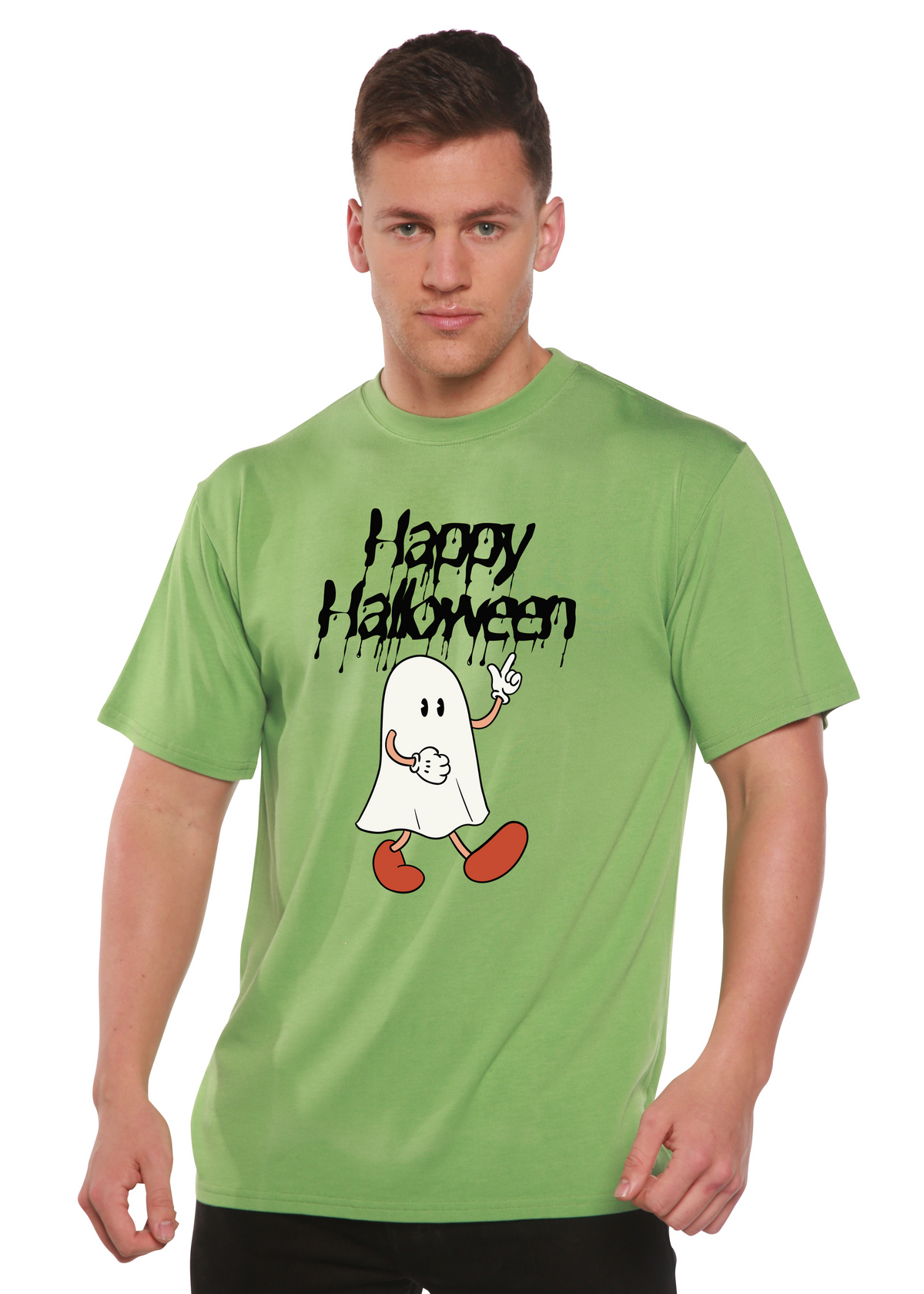 Happy Halloween men's bamboo viscose organic cotton short sleeve graphic T-shirt with Halloween-themed print, from Spun Bamboo.