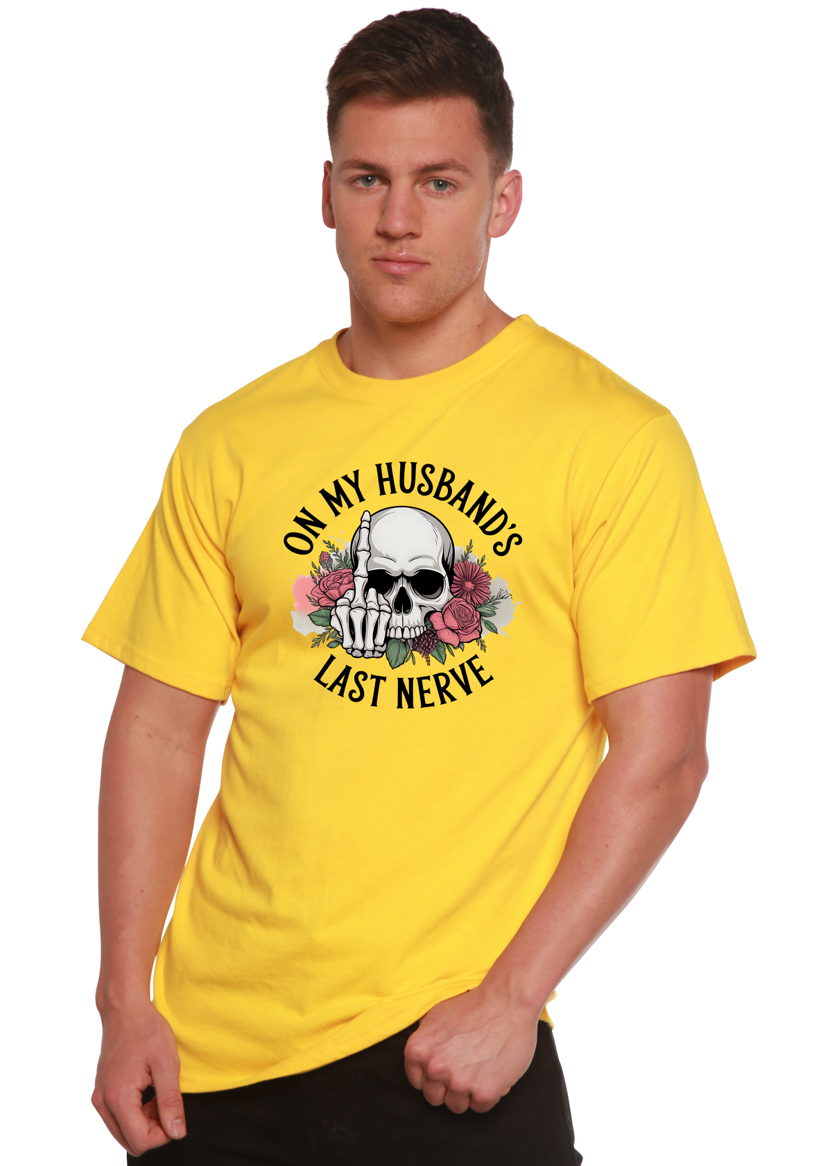 Men's printed sublimation T-shirt from Spun Bamboo featuring humorous "On My Husband's Last Nerve" graphic on bamboo cotton fabric.