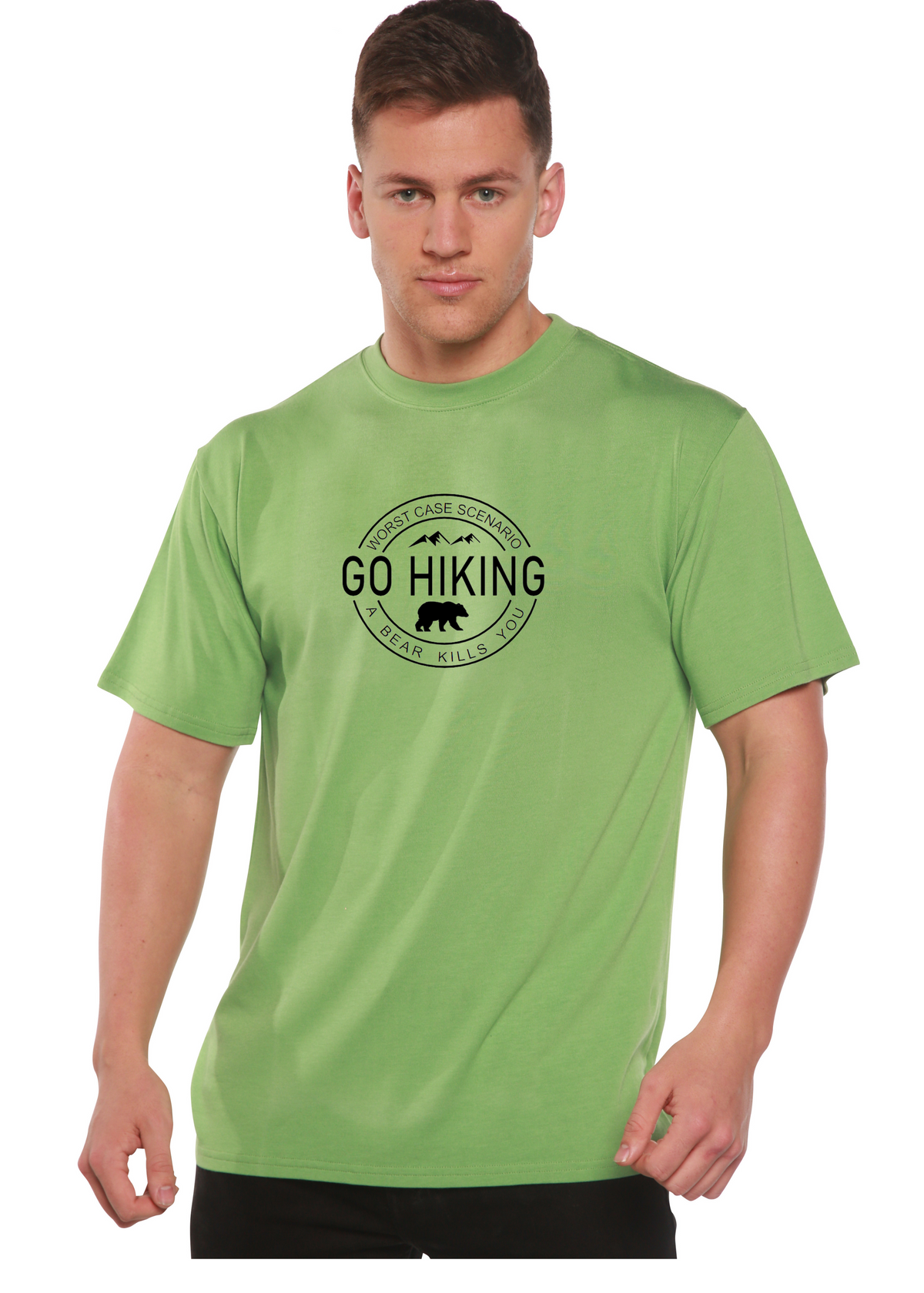 Men's printed T-shirt by Spun Bamboo featuring a hiking-themed graphic in bamboo viscose and organic cotton fabric.