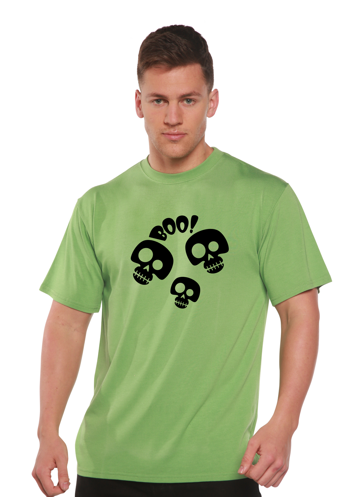 Spun Bamboo Halloween Boo unisex bamboo viscose organic cotton short sleeve graphic T-shirt with Halloween theme design.
