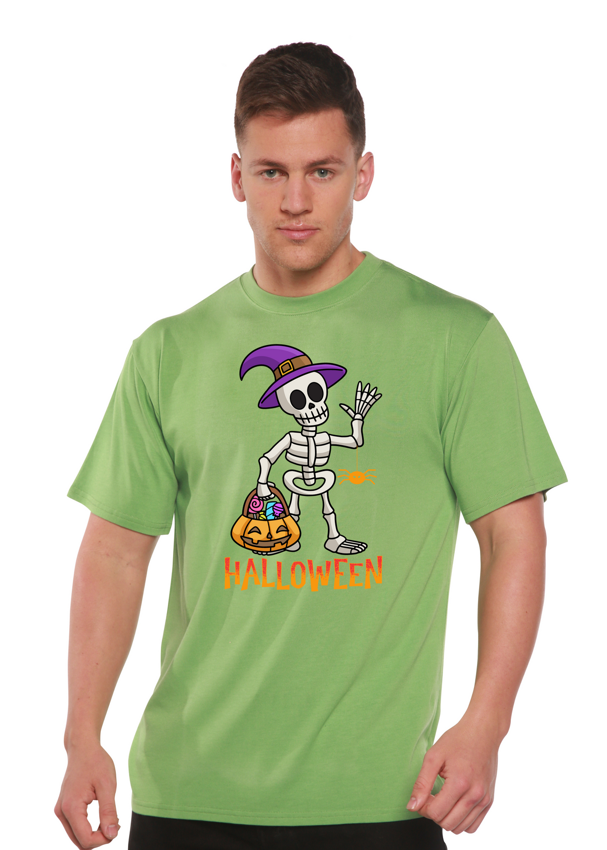 Men's Halloween graphic T-shirt by Spun Bamboo, unisex short sleeve shirt made of bamboo viscose and organic cotton, featuring festive design.