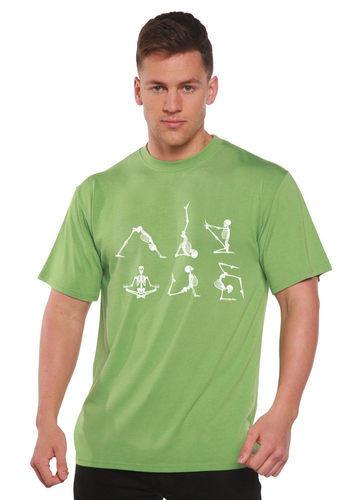 Halloween Skeleton Namaste men's printed T-shirt by Spun Bamboo featuring a graphic of a skeleton in a yoga pose on bamboo viscose fabric.