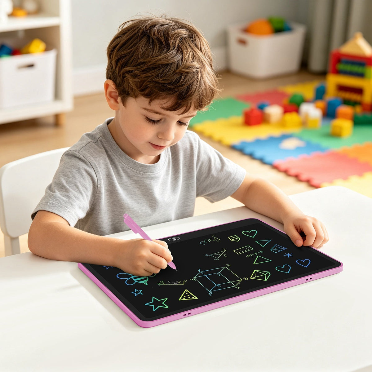 GBruno Store LCD writing tablet for kids with stylus and lock function, showing the device with stylus and colorful display screen.
