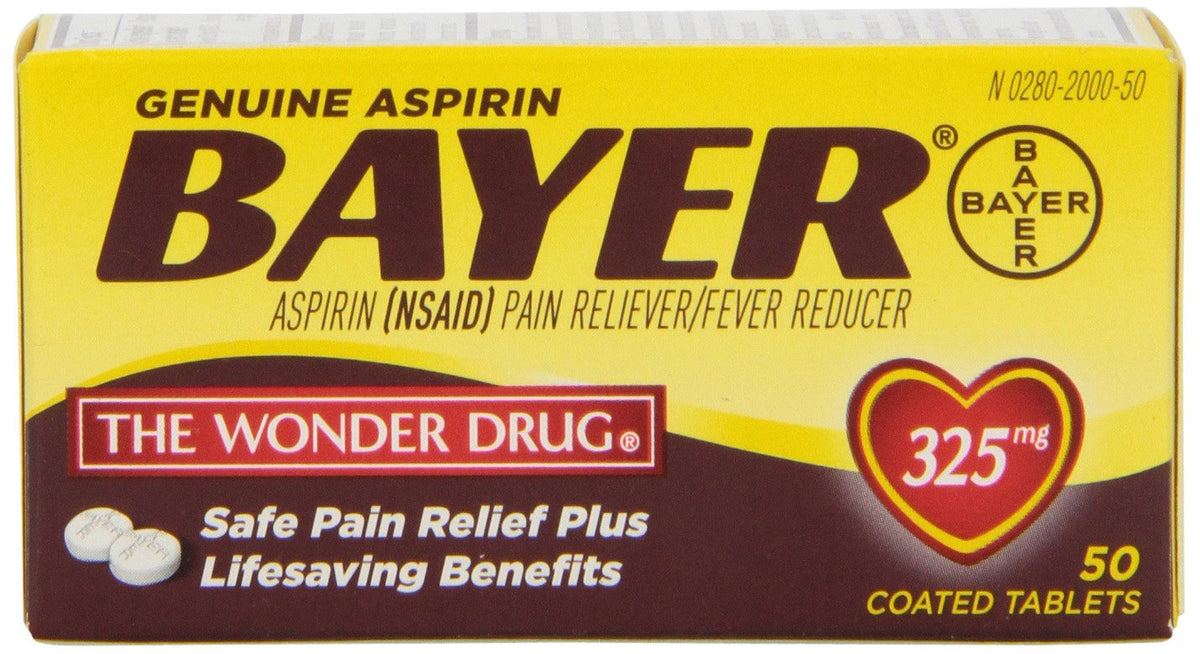 Bayer Aspirin 325mg dual pack with 100 tablets, shown in blister packaging on a white background.