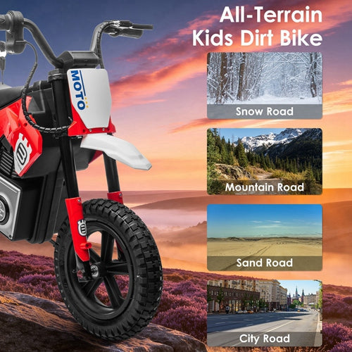 Kids riding a 24V GBruno Store electric motocross ride-on motorcycle for children ages 5-12 outdoors.