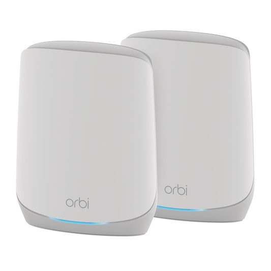 NETGEAR Orbi Whole Home Tri-Band WiFi 6 Mesh System with router and satellite extender, covering 5000 sq ft, supports 75 devices.