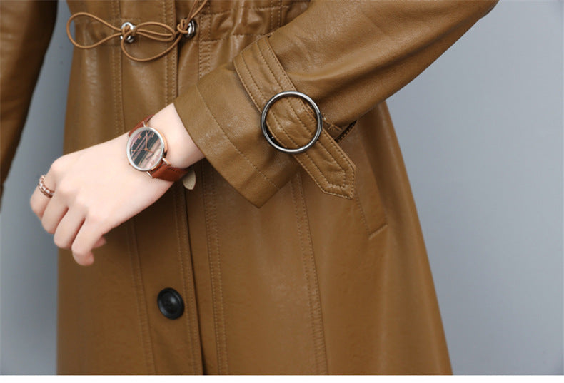 Women's leather trench coat with turn-down collar, drawstring waist, and long loose sheepskin design