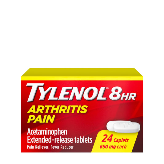 Tylenol Arthritis 8-Hour Pain & Fever Relief 650 mg tablets, 24-count, showing the bottle and tablets on a white background