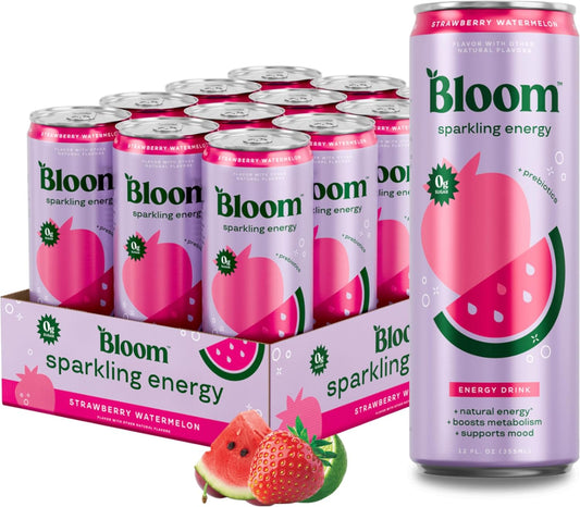 Assorted Bloom Nutrition Sparkling Energy Drinks variety pack with zero sugar, green coffee bean, green tea extract, and 180mg caffeine.