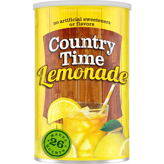 Country Time Lemonade powdered drink mix canister with bright lemon imagery, 63 oz size, natural flavor, no artificial sweeteners.