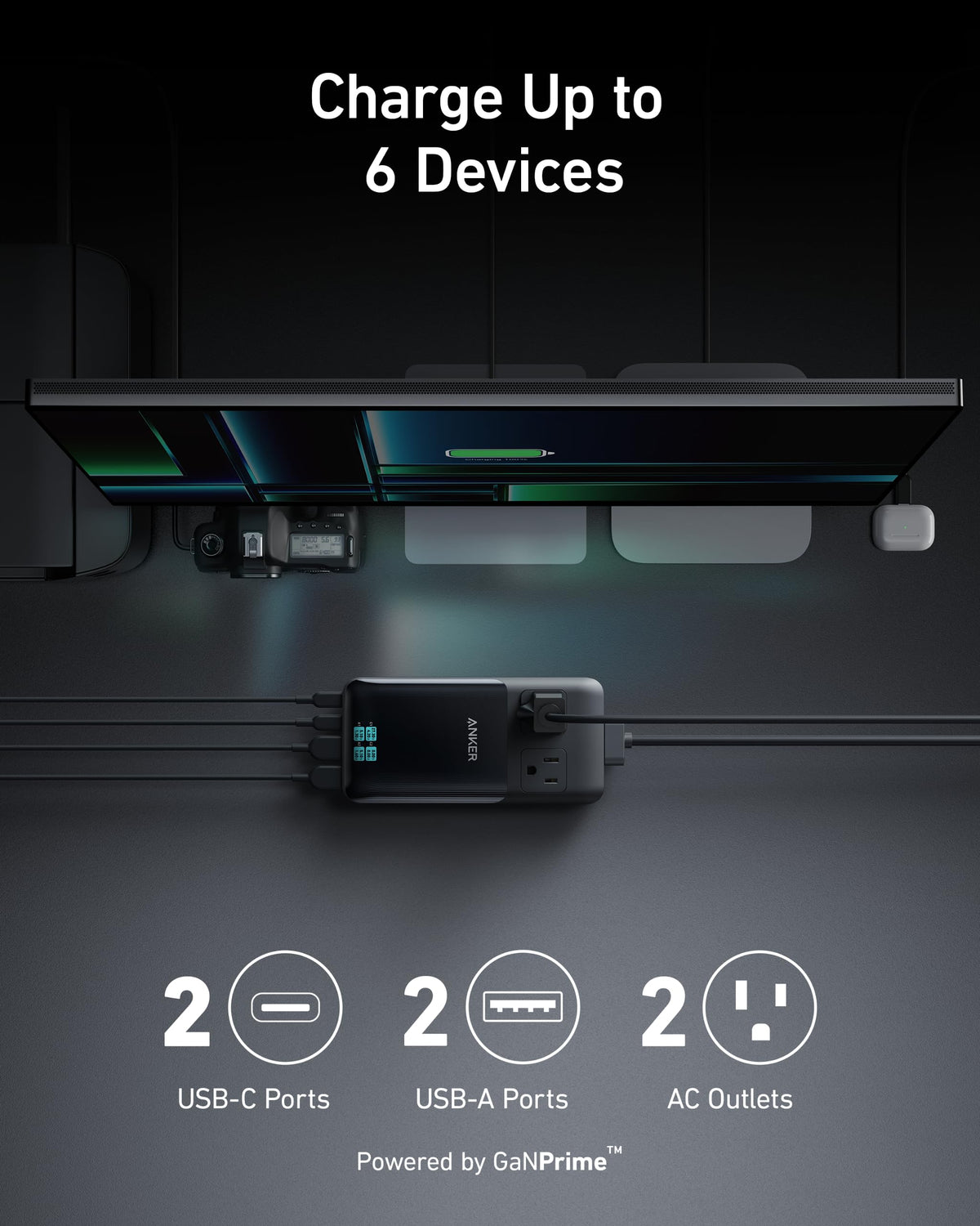 Anker Prime 6-in-1 140W charging station with multiple ports for fast device charging and cable management.