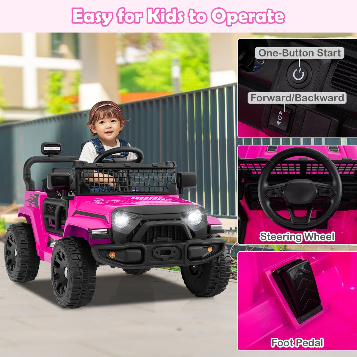 12V kids ride-on truck by GBruno Store with realistic design, battery compartment, and sturdy wheels for children’s electric vehicle play