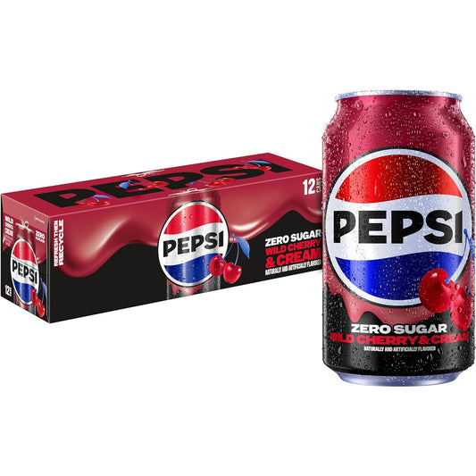 Pepsi Zero Sugar Cola soda cans with wild cherry flavor, 12 fl oz each, pack of 12, soft drinks image showing cans lined up.