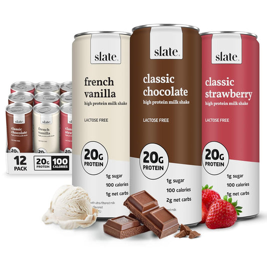 Slate Milk high protein milk shakes and iced coffees in chocolate, mocha, vanilla, and French vanilla flavors, 11 fl oz cans.
