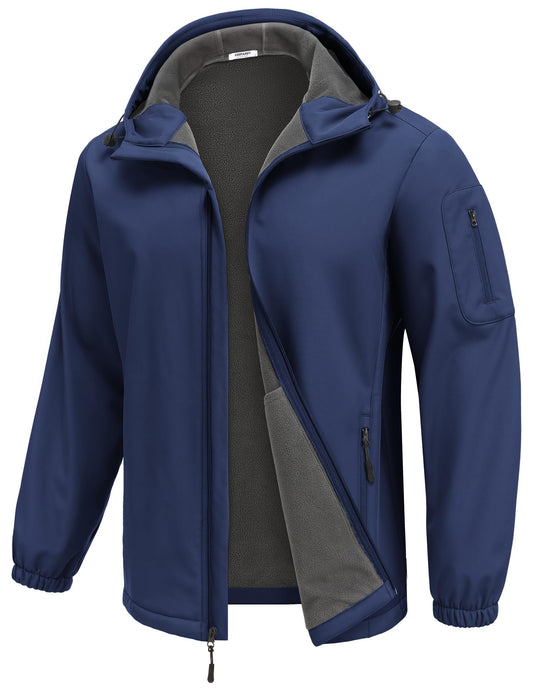 Mens softshell hooded fleece-lined windbreaker jacket by BACKUPMYFILESNOW.COM®, waterproof and windproof outdoor winter jacket.