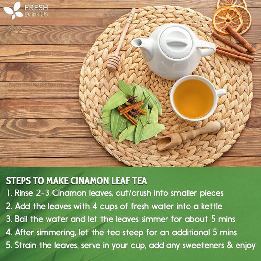 FreshDrinkUS cinnamon leaves herbal tea in a clear teacup, showing aromatic cinnamon leaves and brewed tea.