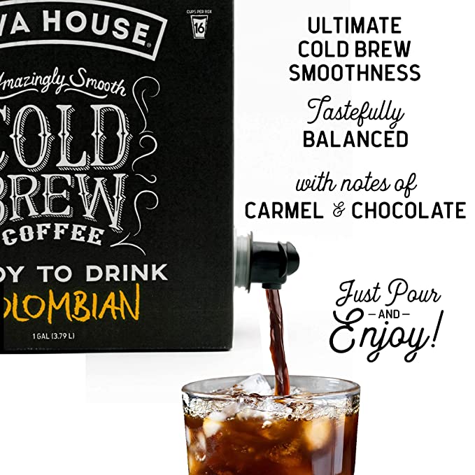 Java House Cold Brew Coffee on tap in a glass pitcher with ice, ready to serve.