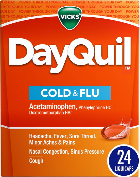 Vicks DayQuil Cold & Flu Medicine box with 24 liquicaps, featuring labels for multi-symptom relief including headache, fever, and congestion