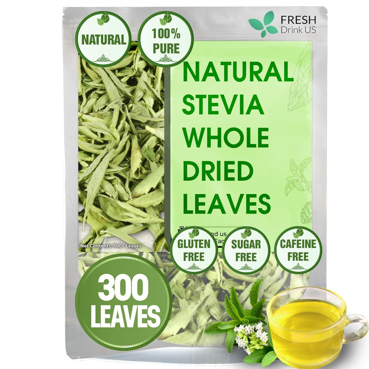 Stevia Leaf, Whole Dried Leaves, Tea Bags, Powder, 100% Natural and Pure from Stevia Leaves. Sugar Substitute for Tea, Coffee. Loose Leaf Stevia Herbal Tea. Zero Calorie Sweetener. No Sugar, No Caffeine, No Gluten, Vegan.