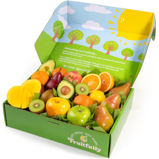 Fresh fruit gift basket by A Gift Inside featuring pears, apples, navel oranges, and tropical fruits for any occasion.