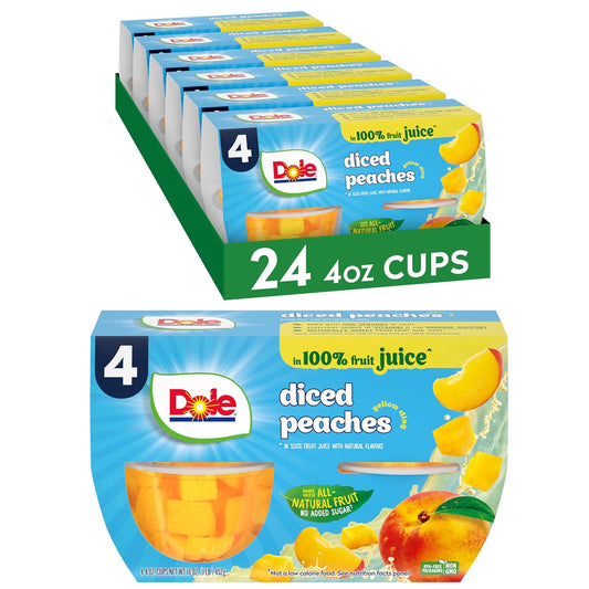 Dole diced peaches in 4 oz fruit snack cups, 12-pack, showing peeled peach pieces in clear plastic bowls