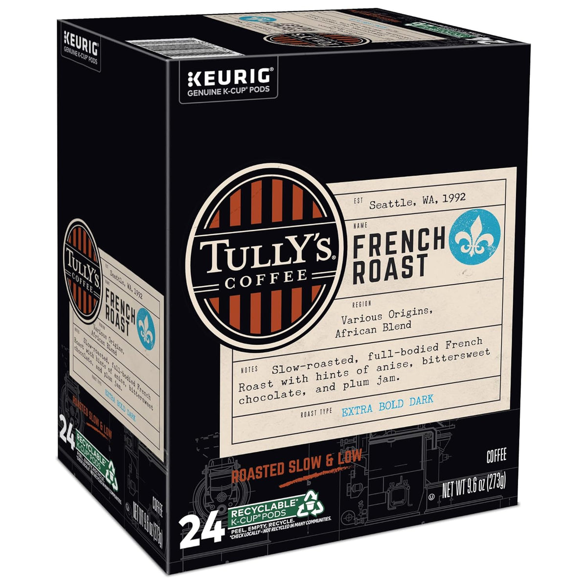 KupofK Coffee Tully's French Roast coffee bag with dark roasted beans and bold flavor, ready for brewing.