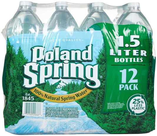 Poland Spring half pint natural spring water bottles in a 12-pack, showing clear bottles with water and labels.