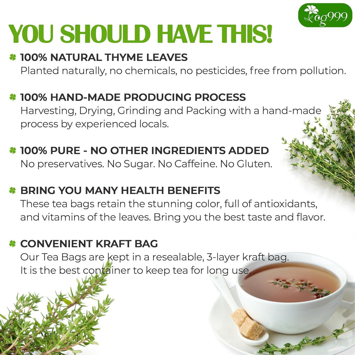 Premium 40 Thyme Leaf Tea Bags, 100% Natural & Pure, Loose Leaf Herbal Tea.