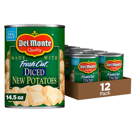 Del Monte canned potatoes in 14.5 oz cans, 12-pack, showing whole fresh-cut potatoes in cans suitable for cooking and recipes.