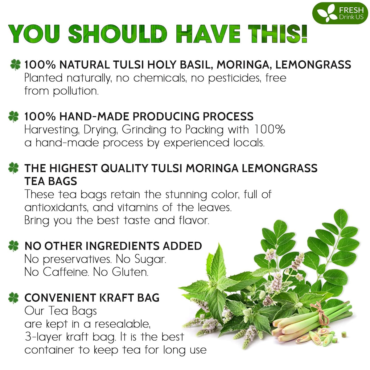 Premium Tulsi Moringa Lemongrass Tea Bags, 100% Natural & Pure from Tulsi Holy Basil Leaves, Moringa & Lemongrass.