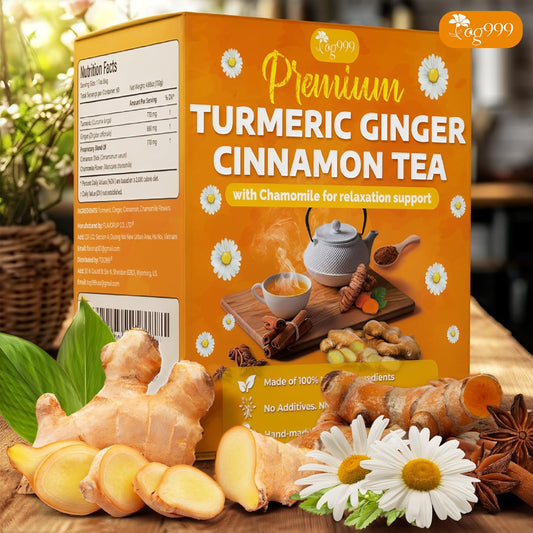 FreshDrinkUS herbal tea with turmeric, ginger, cinnamon, chamomile flowers in eco-conscious tea bags for digestion, sleep, and skin support.