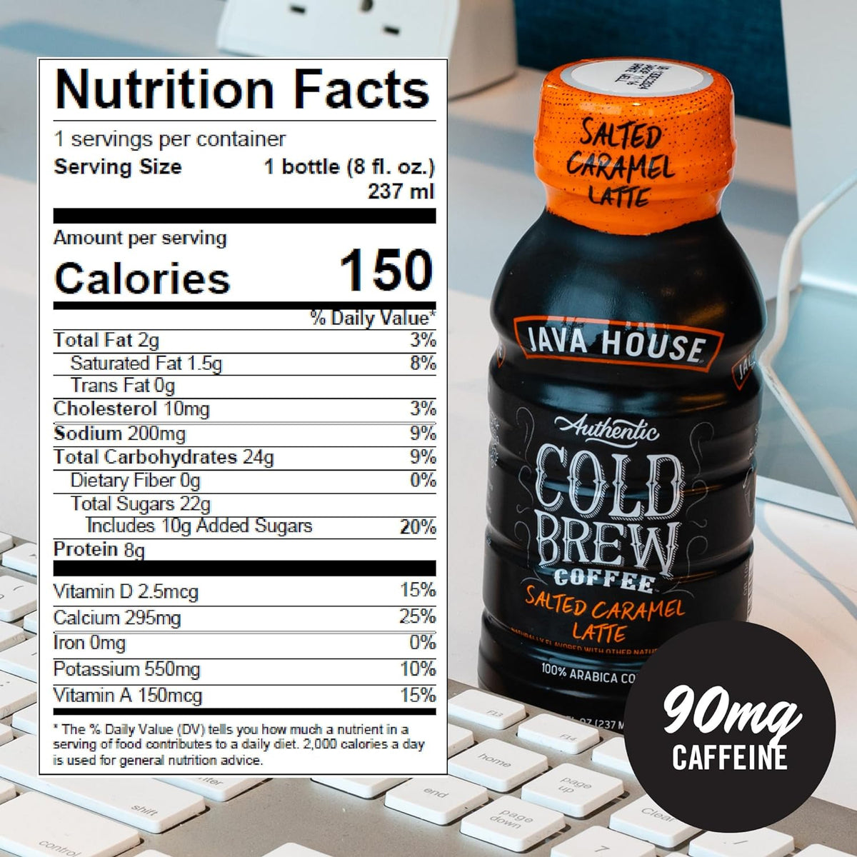 Java House Cold Brew 8oz bottles in salted caramel latte flavor, pack of 12, with creamy caramel and coffee in clear bottles.