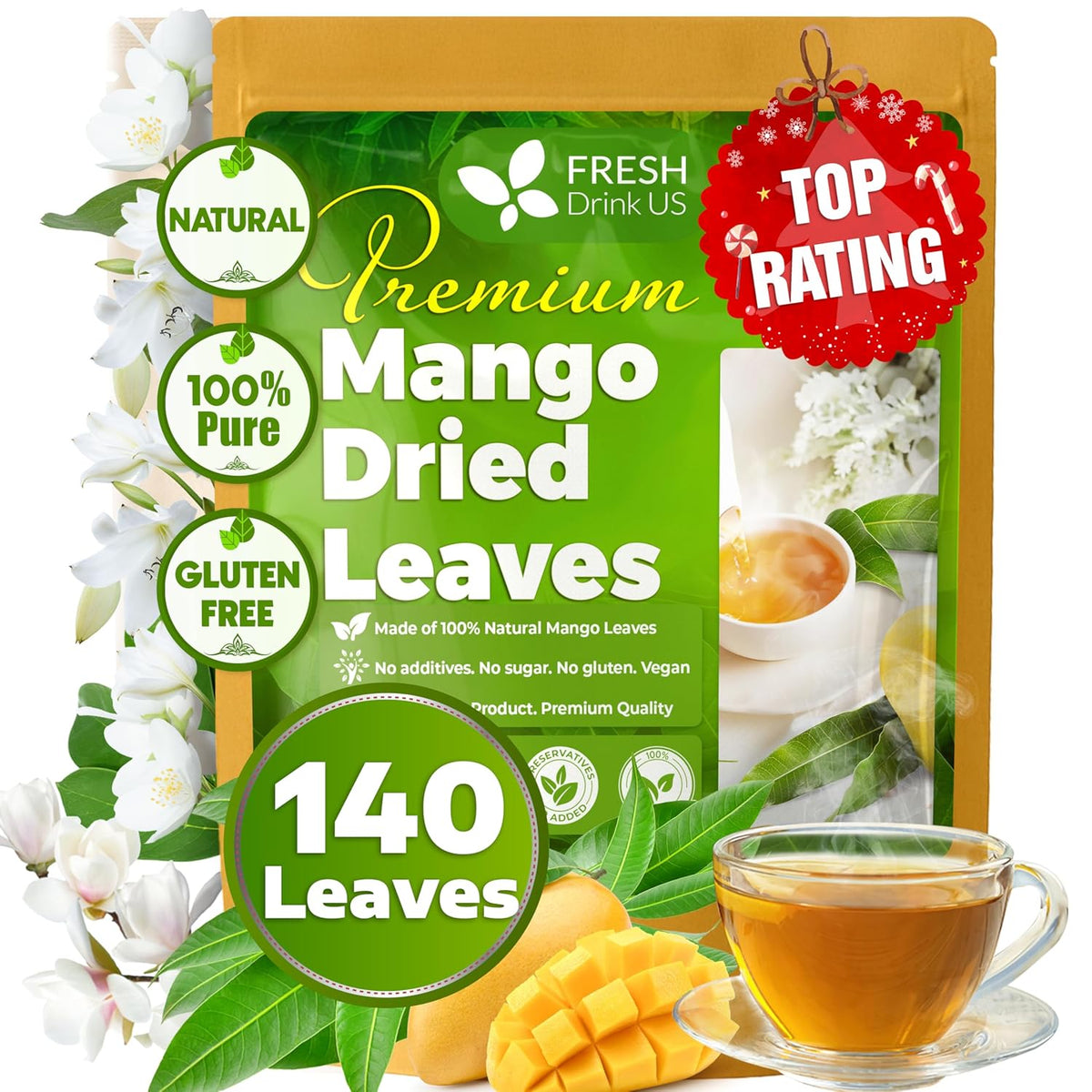 Whole dried mango leaves for herbal tea, FreshDrinkUS natural mango leaf tea bags, pure, caffeine-free, vegan, loose leaf mango tea.