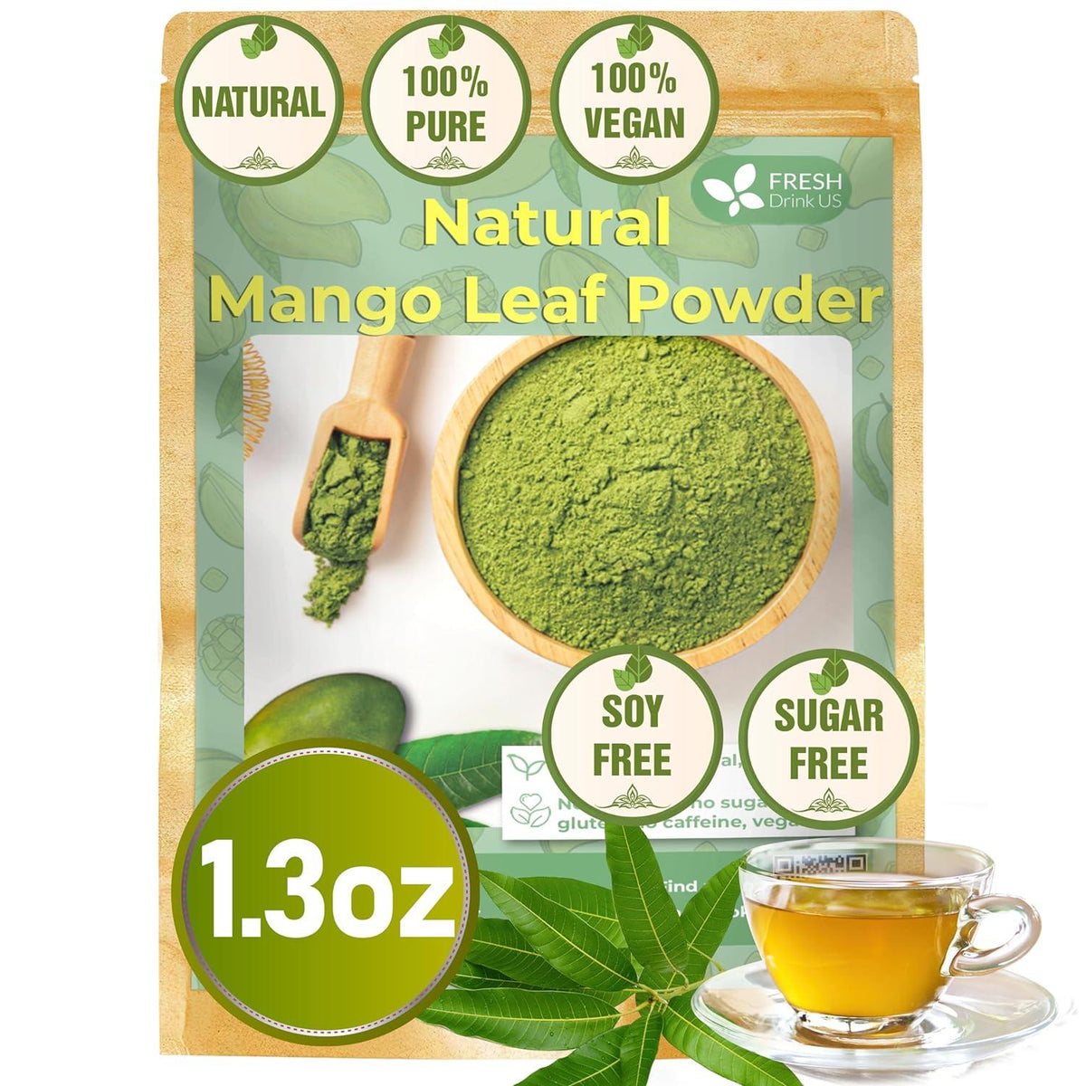 Whole dried mango leaves for herbal tea from FreshDrinkUS, natural, caffeine-free mango leaf tea in loose leaf form.