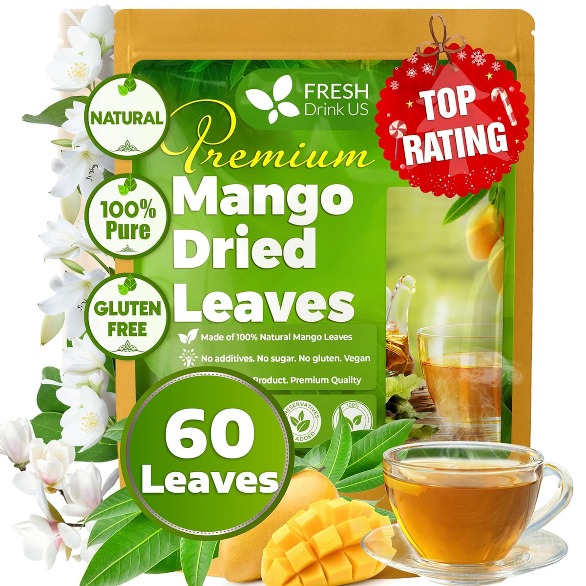 Whole dried mango leaves for herbal tea from FreshDrinkUS, natural, caffeine-free, vegan, and gluten-free mango leaf tea in loose leaf form.