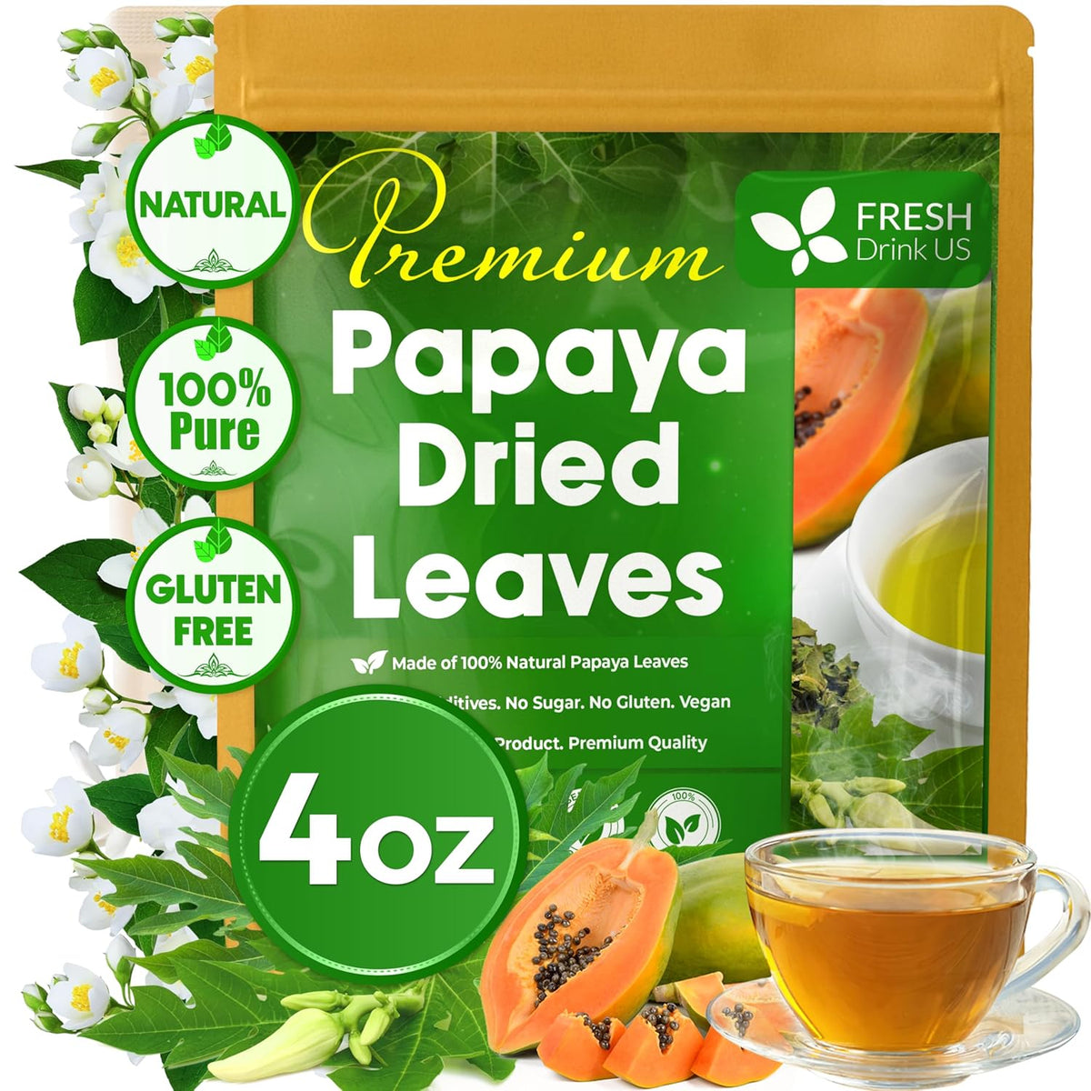 Premium Papaya Dried Leaves, Papaya Loose Leaf Herbal Tea, No Additives, No Caffeine, Vegan