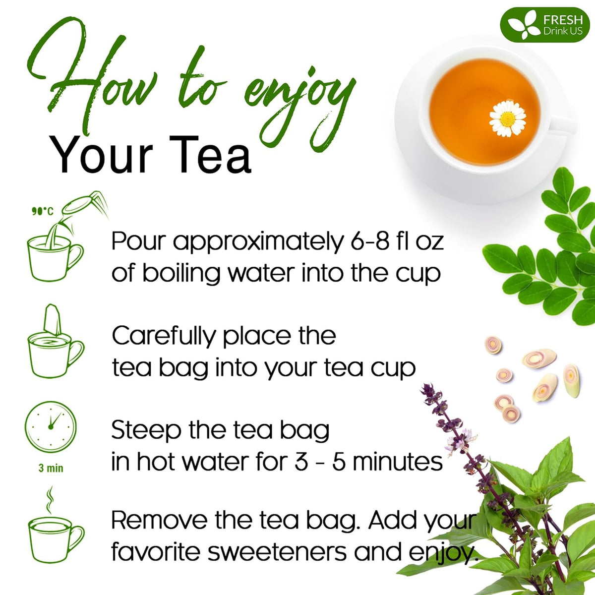 Premium Tulsi Moringa Lemongrass Tea Bags, 100% Natural & Pure from Tulsi Holy Basil Leaves, Moringa & Lemongrass.