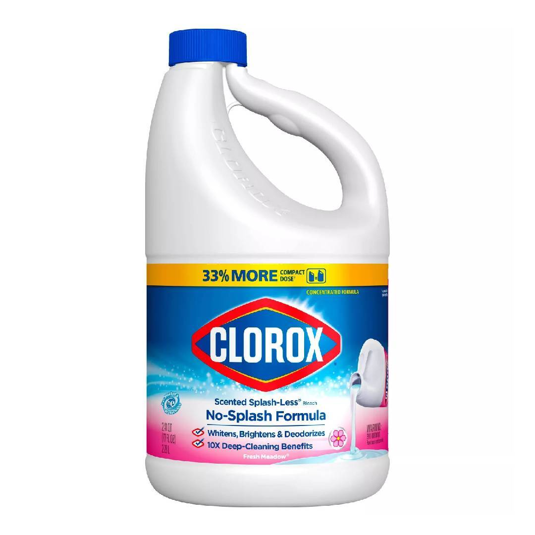 Pasteur Pharmacy scented Clorox bleach in Fresh Meadow scent, 2.41 qt bottle, splashless formula for cleaning and disinfecting.