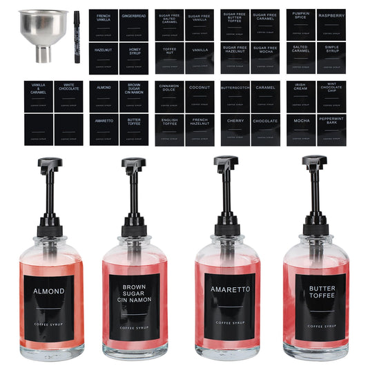 Backupmyfilesnow.com® 16.9oz black coffee syrup dispenser bottles with white labels, set of 4, for coffee bar accessories.