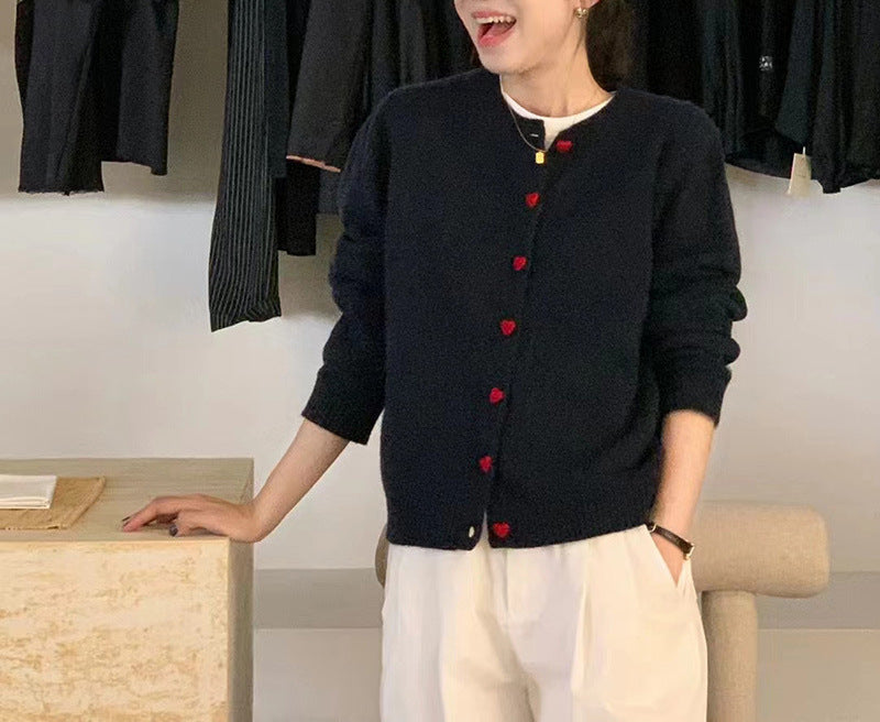 Women's retro knitted cardigan sweater jacket with love buttons and niche design in autumn style