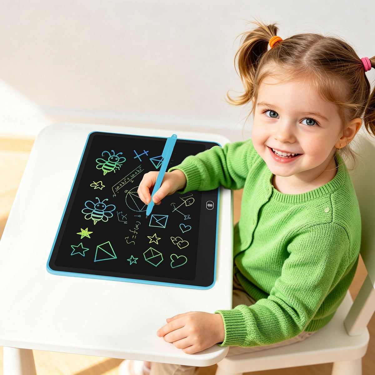 LCD writing tablet for kids with stylus and lock function, showing the device with stylus and screen display in a colorful design.
