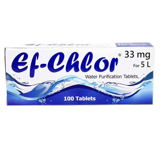 BackupMyFilesNow Ef-Chlor water purification tablets, 33 mg, pack of 100, for emergency drinking water treatment during travel or camping.