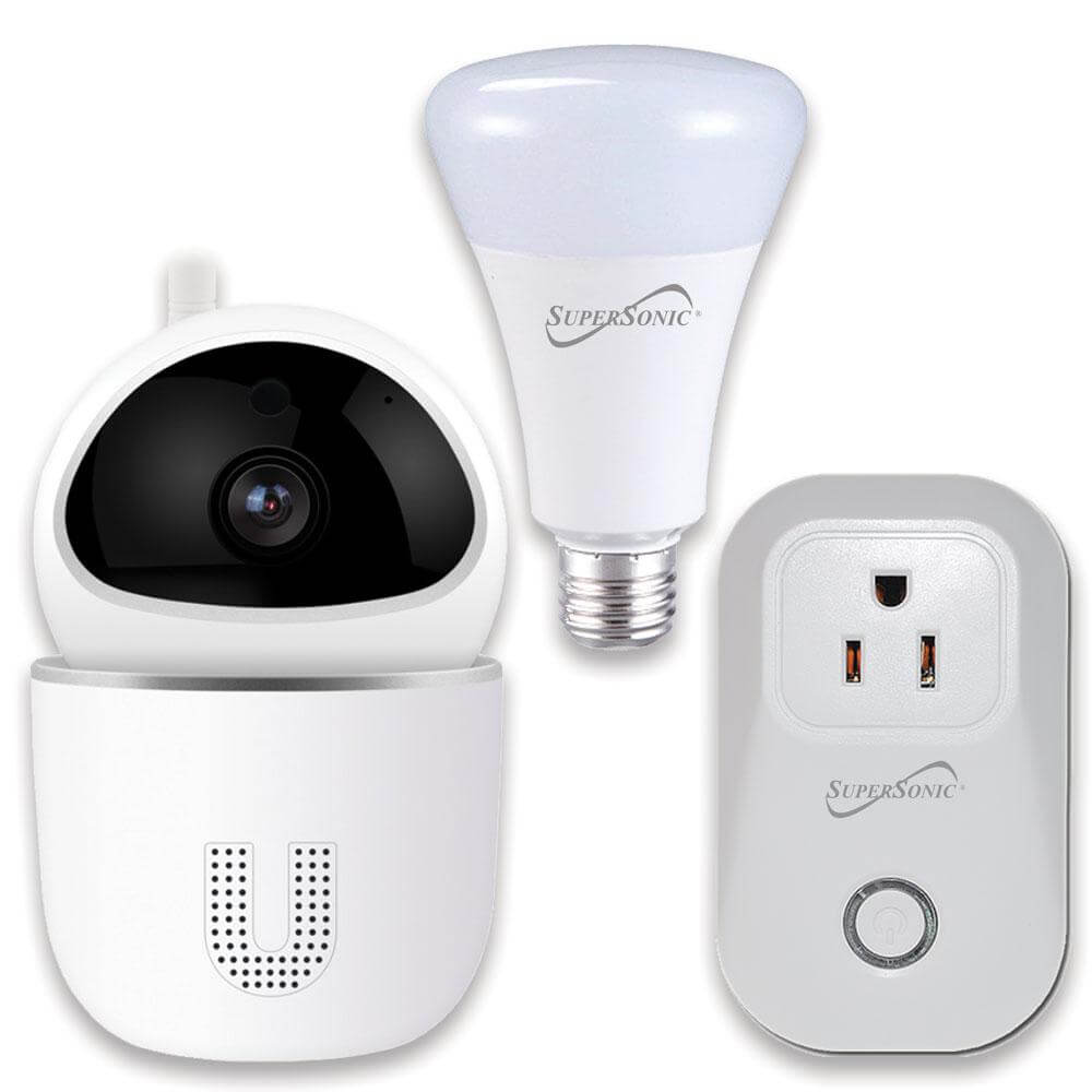 Supersonic smart home starter kit with WiFi, including HD camera, smart plug, and adjustable smart bulb for home automation.